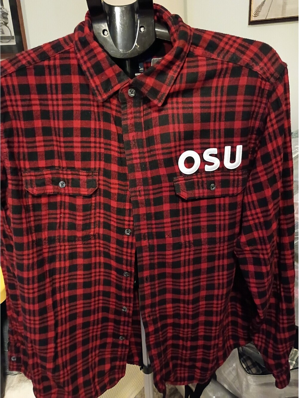 George XL Red and Black Plaid Flannel Shirt with OSU and Game Day Prints